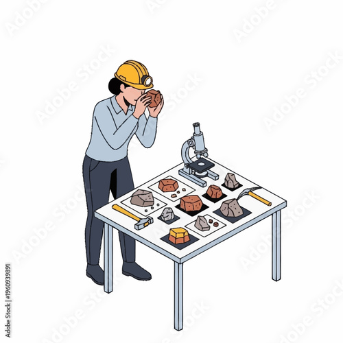 Geologist examining rock samples with a magnifying glass.