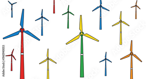 Colorful wind turbines in various sizes.