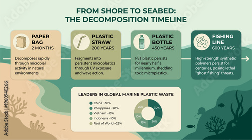 Infographic showing marine plastic decomposition timeline from shore to seabed, including paper, straw, bottle, and fishing line, with global pollution leaders and environmental impact data.