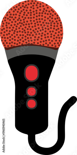 Retro-style vector illustration of a wired microphone with a red pop filter and black handle, isolated on a white background. Perfect for music, podcast, karaoke, and entertainment-themed designs.