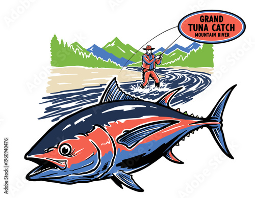 Grand Tuna Catch outdoor adventure graphic. Mountain river fishing club vintage print design for t-shirt, poster, and outdoor gear.