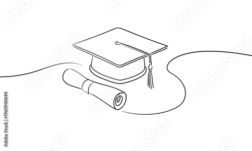 Graduation Cap, сontinuous one line drawing. Education and science, studying at the institute. Vector illustration