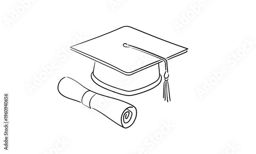 Graduation Cap, сontinuous one line drawing. Education and science, studying at the institute. Vector illustration