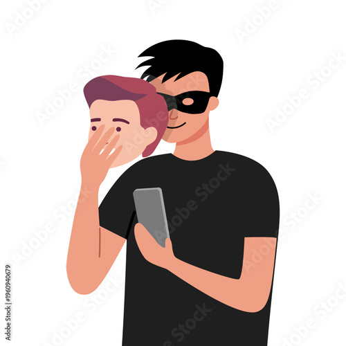 Fraudster holding a mask of a decent smiling person in his hand. Online scammer.