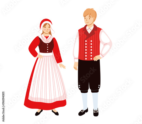 Danes. Woman and man in national dress. Denmark folk costume. Ethnic clothes. Europeans people isolated on white background. Hand-drawn vector illustration.