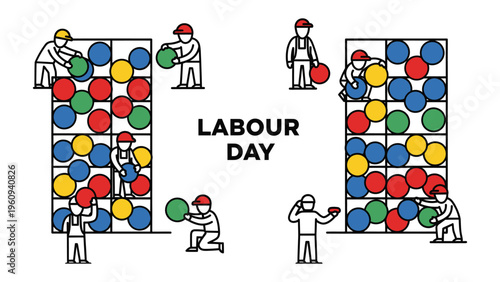 Labour Day Celebration: A creative illustration showcases the spirit of Labour Day with minimalist figures collaboratively constructing and arranging colorful spheres, symbolizing teamwork and effort.