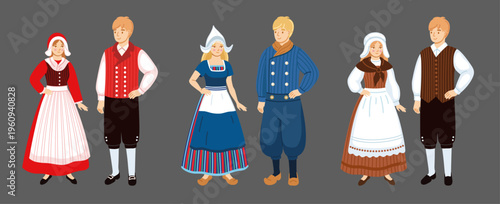 Danes, Dutch, Belgians in traditional costume. Folk dress. National clothes. Denmark, Holland, the Netherlands, Belgium. Europeans couples. Vector isolated illustration.