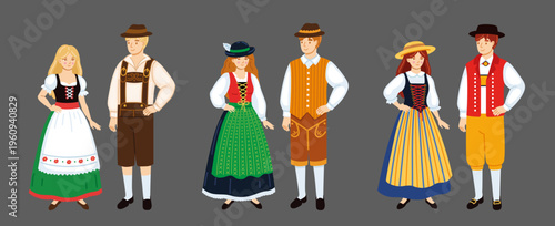 Austrians, Germans, Swiss in traditional costume. Folk dress. Europeans. Set of couple in national clothes. Vector isolated illustration.
