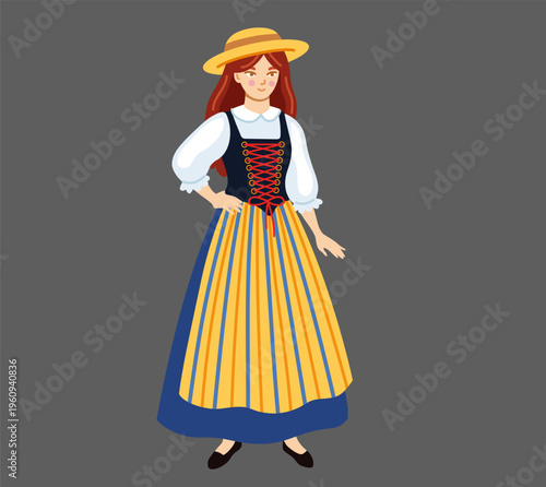 Swiss woman wearing traditional costume. Switzerland. National clothes. Folk ethnic dress. European girl. Hand-drawn vector illustration.