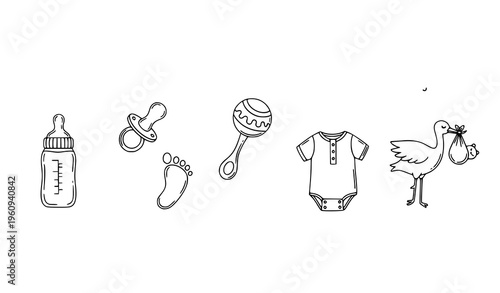 A set of baby icons including a bottle, pacifier, and stork