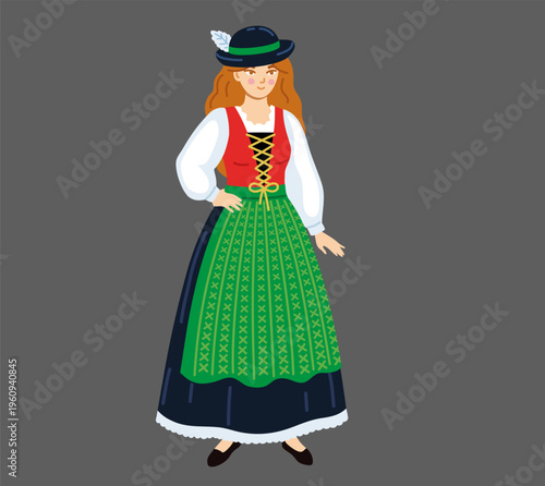 Austrian woman wearing traditional costume. Austria national clothes. Folk ethnic dress. European girl. Hand-drawn vector illustration.