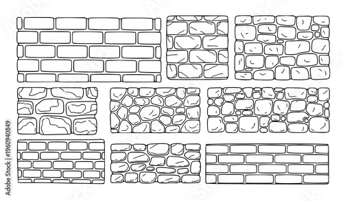 A set of various brick and stone wall designs in a minimalist line art style