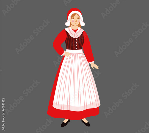 Dane woman wearing traditional costume. Denmark. National clothes. Folk ethnic dress. European girl. Hand-drawn vector illustration.