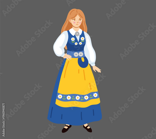 Swedish woman wearing traditional costume. Sweden. National clothes. Scandinavian folk ethnic dress. European girl. Hand-drawn vector illustration.