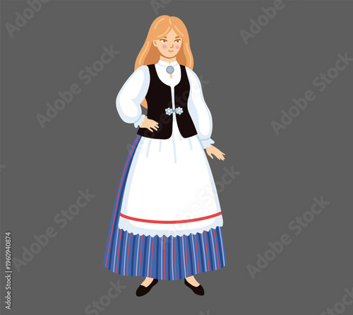 Finnish woman wearing traditional costume. Finland. National clothes. Folk ethnic dress. Norse European girl. Hand-drawn vector illustration.