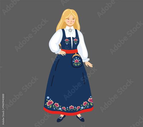 Norwegian woman wearing traditional costume. Norway. National clothes. Scandinavian folk ethnic dress. European girl. Hand-drawn vector illustration.