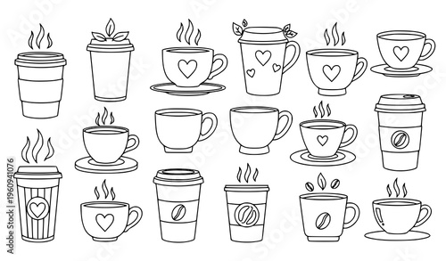A set of black and white line art coffee cups and mugs with hearts and steam