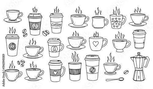 A set of black and white line art coffee cups and mugs