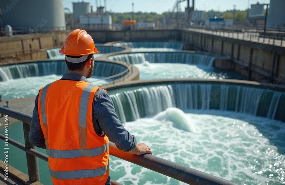 Fototapeta premium Man in hard hat and vest at wastewater facility. Overseeing water purification process with aeration cascades. Worker checks industrial water treatment plant infrastructure, clean water systems.