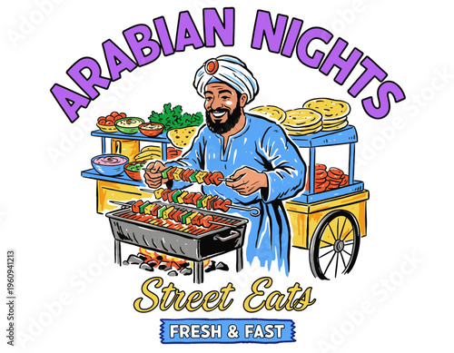 Arabian nights street food design. Kebab grill artwork for t shirt. Middle eastern food cart. Fresh and fast bbq. Street eats graphic design.