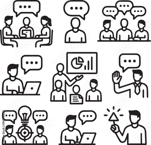 Need Meeting collaboration icon set. Thin line editable stroke icons for workshops, brainstorming, remote conferencing, team discussions, strategy planning, and business presentations