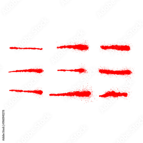 Big Set of Nine Red Graffiti Spray Paint Brush Strokes and Horizontal Aerosol Lines with Gritty Texture and Vandal Drips.