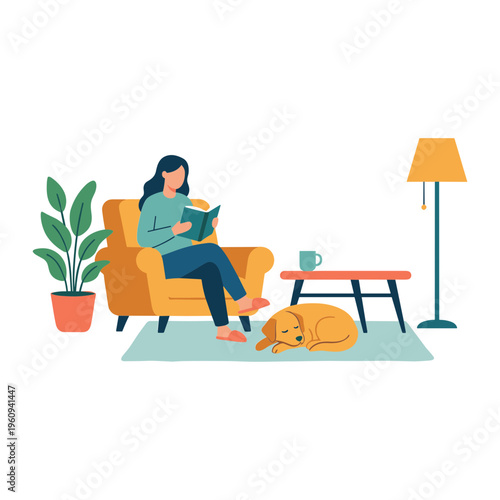 Woman reads book on couch with dog beside her at home indoors