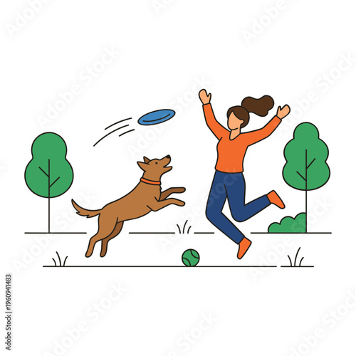 Woman plays with dog catching frisbee in park with trees and ball
