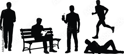 Vector silhouettes of people in various poses including standing, sitting, running, holding bottle, and lying down, human activity illustration