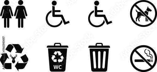 Vector silhouettes of public signage icons including restroom, accessibility, recycling, trash, no pets, and no smoking for facilities design