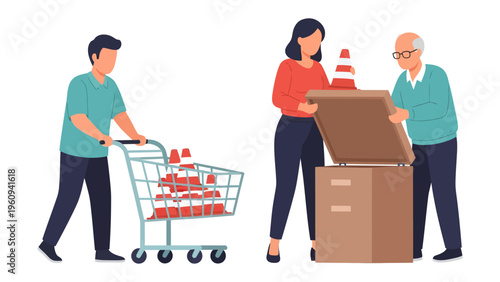 Preparing for Future: A family is preparing for future with essential things. A person carries cart of many goods, the other two opened the box with supplies.