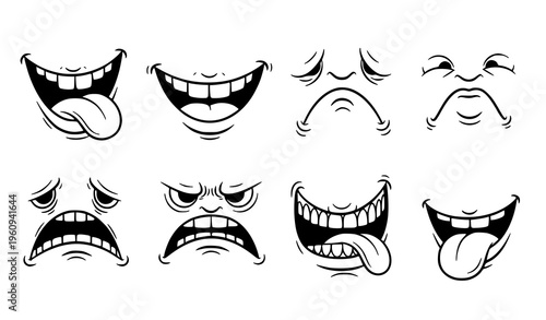 A set of emotive facial expressions in a minimalist line art style