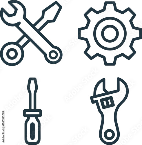 Need Service icons set. Wrench, screwdriver and gear icon. Screwdriver and wrench glyph icon. Settings and repair, service sign stock vector no Background