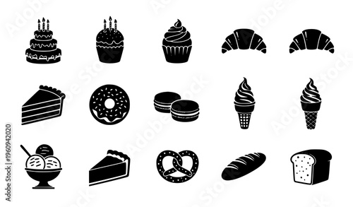 A set of black and white vector icons depicting various types of baked goods and desserts