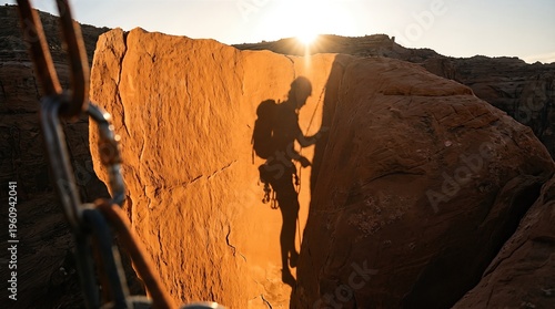 Shadow of a climber on a rock wall. Mountaineer silhouette during ascent at sunset. Extreme sports, alpinism adventure and hiking challenge concept. Outdoor activity in mountainous desert landscape