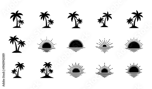 A set of black silhouette icons featuring palm trees and tropical sunrises