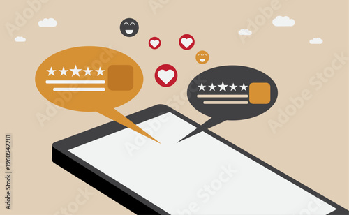 Customer feedback rating system with mobile reviews and stars, Concept of customer satisfaction, online reviews, and user experience.
