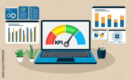 Business KPI dashboard analytics on laptop with charts and reports for data analysis, business intelligence, and performance tracking.