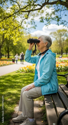Senior woman birdwatching in park, enjoying sunny day.