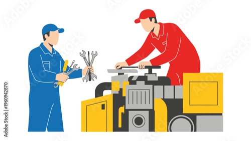 Mechanic Team: Two skilled mechanics, clad in work uniforms, collaborating on engine repair, symbolizing precision and expertise in the industrial setting.