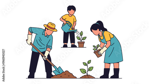 Cultivating Together: A harmonious scene of three individuals nurturing young plants in a garden, with one person digging, another watering, and a third tending to a seedling.
