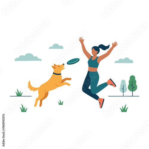 Woman and dog playing with frisbee in outdoor park setting happily