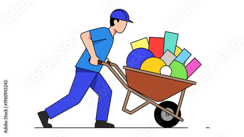 The Load Carrier: A construction worker steadily pushes a fully loaded wheelbarrow. Every colorful item signifies a step toward a finished project, symbolizing construction work, heavy duty work.