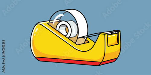 Yellow tape dispenser with clear adhesive tape roll and serrated cutting edge on solid blue background, office and school supply illustration for stationery and organization