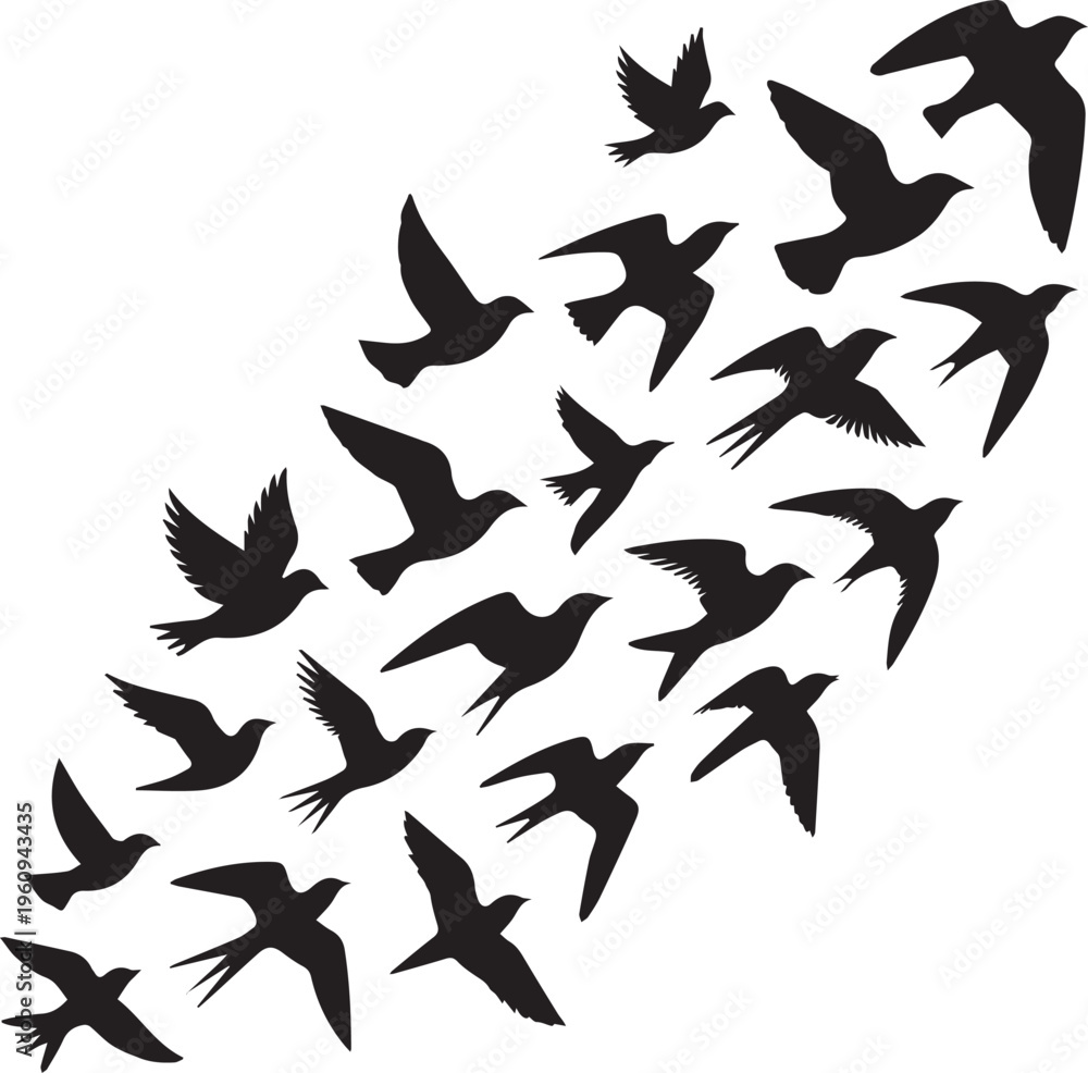 Fototapeta premium Silhouette Bird flock doodle. Flying birds black silhouettes in sky, dove, seagull or swallow group freedom outline symbol for landscape. Vector isolated on white background
