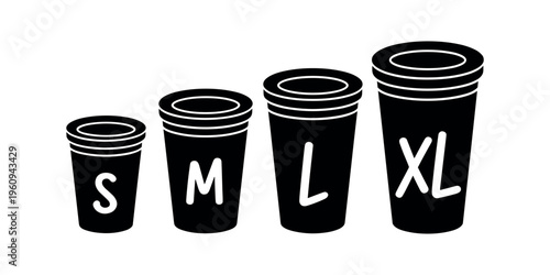 Black and white of four disposable cups with size labels in white background.