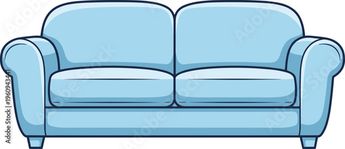 "Cartoon light blue sofa with rounded armrests, two seat cushions and backrest cushions, simple clean furniture illustration for interior design, home decor and catalog projects"