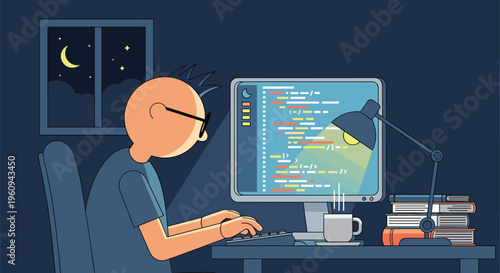 "Cartoon person coding at computer desk at night with lamp, books, hot drink and moonlit window, programming illustration for study, work and technology projects"