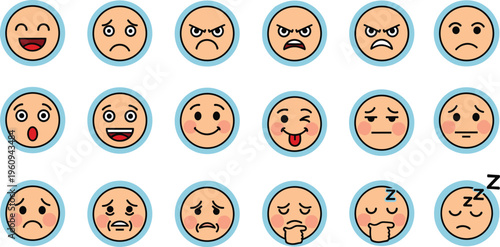Cartoon emotion icon set with twenty expressive faces in grid layout, colorful round borders showing happiness, sadness, anger, surprise, confusion, sleepiness and more