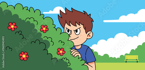 "Cartoon boy hiding behind bush with red flowers, mischievous expression in park scene with bench, clouds and grass, playful childhood illustration for fun and storytelling"